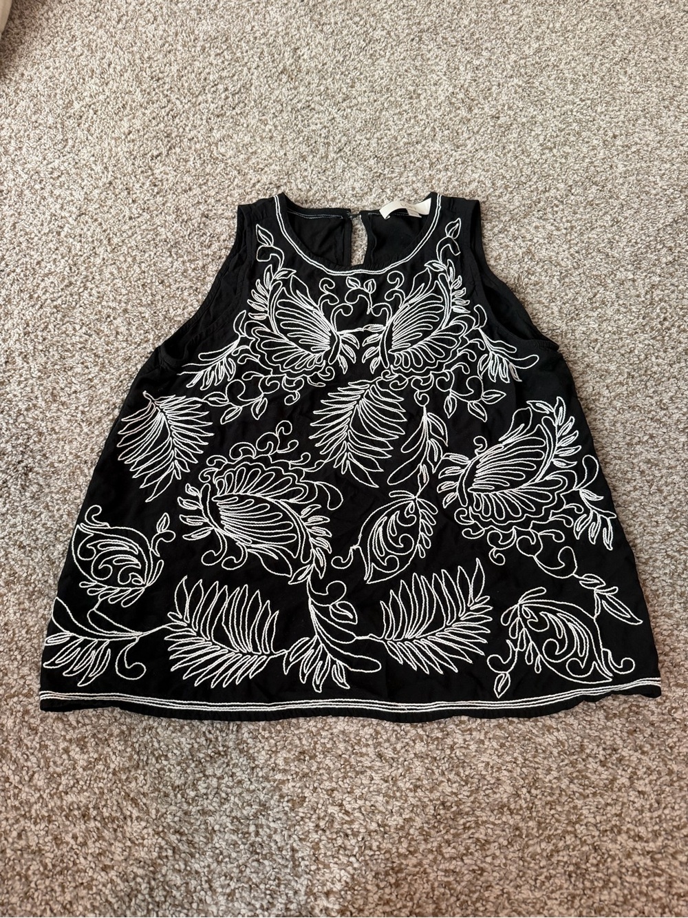 Loft Women’s Black Tank Top White Botanical Embroidery XS